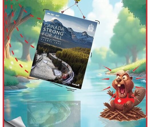 Colorful promotional illustration: a poster labeled 'Canada Strong For All' is suspended over a lake by a crane, with a surprised beaver on a nest nearby and 'La Vignetta di Ynot' at the top edge.