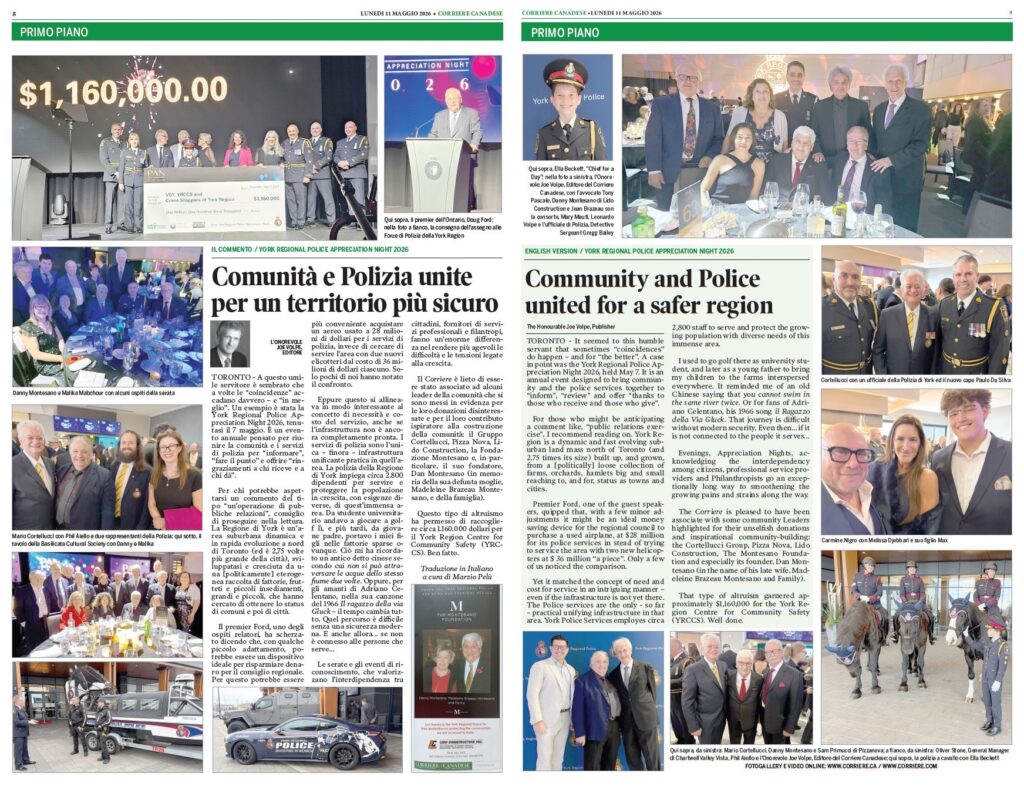 Collage of photos from a York Regional Police Appreciation Night 2026, showing officials, officers, and guests at a gala with large donation check on stage and banquet scenes.