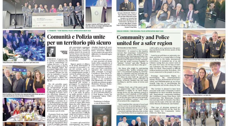 Collage of photos from a York Regional Police Appreciation Night 2026, showing officials, officers, and guests at a gala with large donation check on stage and banquet scenes.