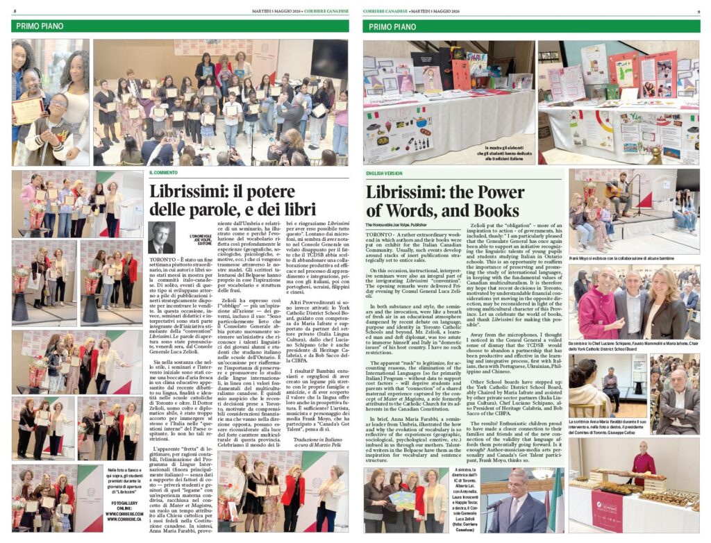 Two-page newspaper spread showing students receiving certificates at a ceremony, with a large group photo and editorial text nearby.