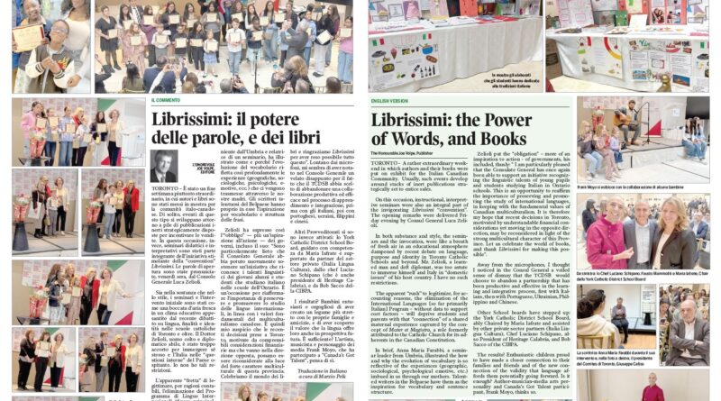 Two-page newspaper spread showing students receiving certificates at a ceremony, with a large group photo and editorial text nearby.