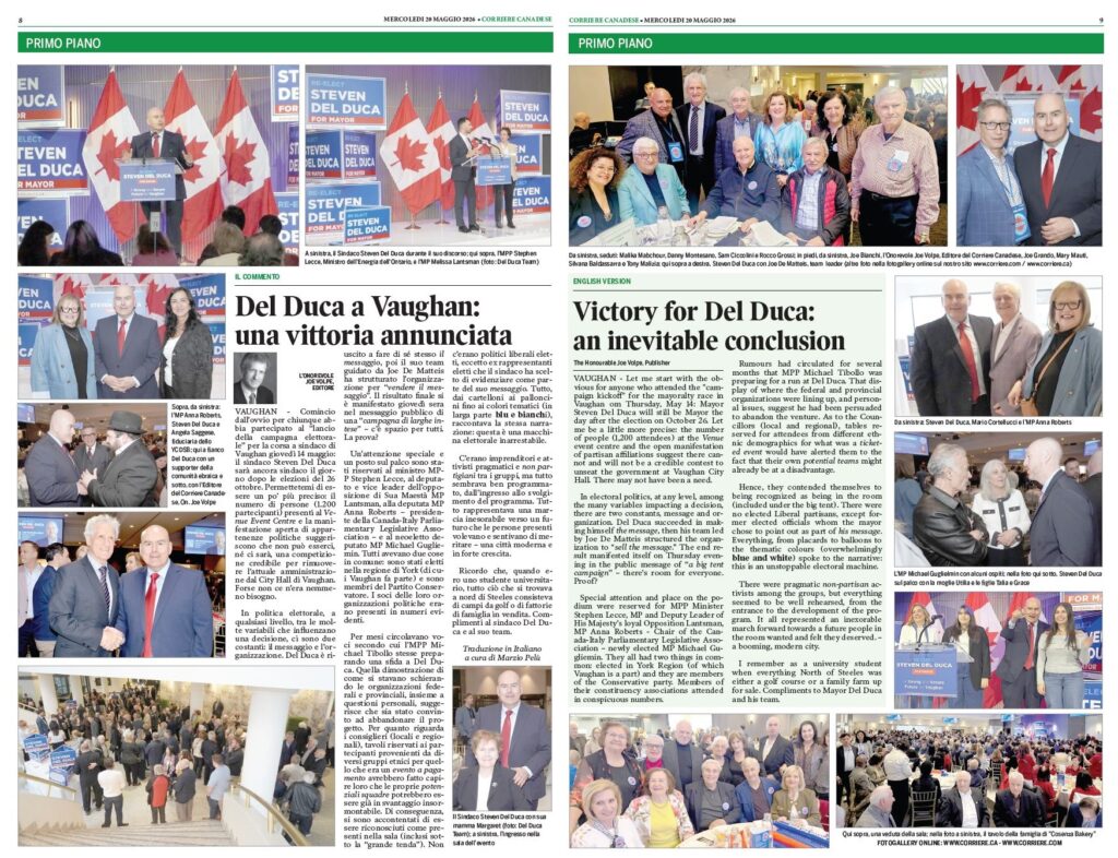 Newspaper spread featuring multiple campaign photos of Steven Del Duca and supporters with Canadian flags and campaign signs, plus a large headline