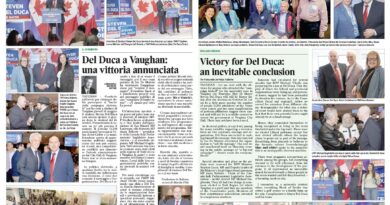 Newspaper spread featuring multiple campaign photos of Steven Del Duca and supporters with Canadian flags and campaign signs, plus a large headline