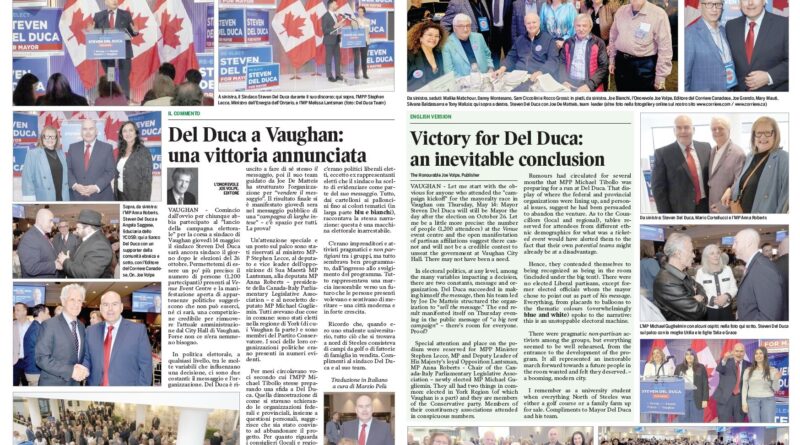 Newspaper spread featuring multiple campaign photos of Steven Del Duca and supporters with Canadian flags and campaign signs, plus a large headline