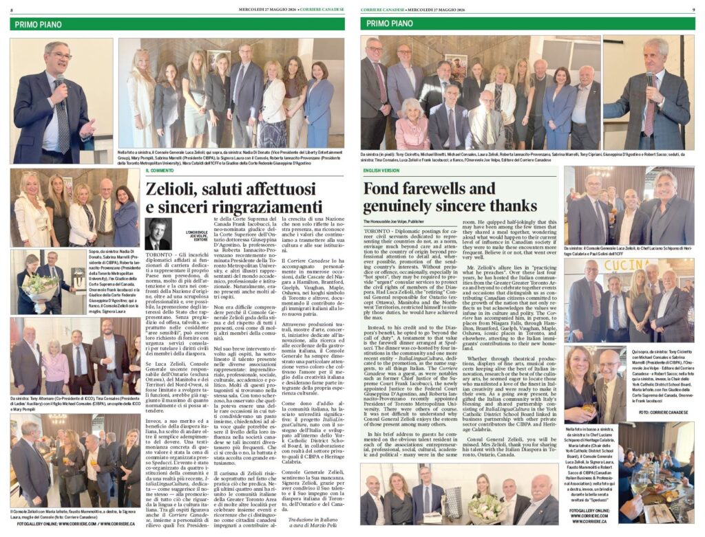 Two-page newspaper spread featuring group photos and an Italian article about Zelioli's warm greetings and thanks (Primo Piano).