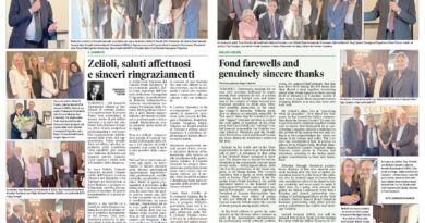 Two-page newspaper spread featuring group photos and an Italian article about Zelioli's warm greetings and thanks (Primo Piano).