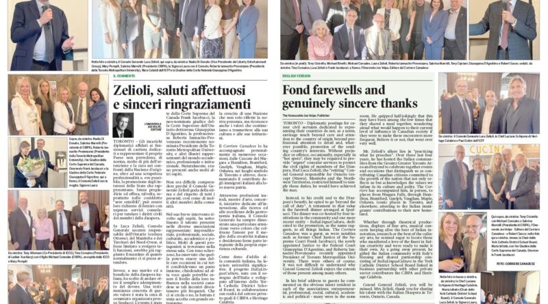 Two-page newspaper spread featuring group photos and an Italian article about Zelioli's warm greetings and thanks (Primo Piano).