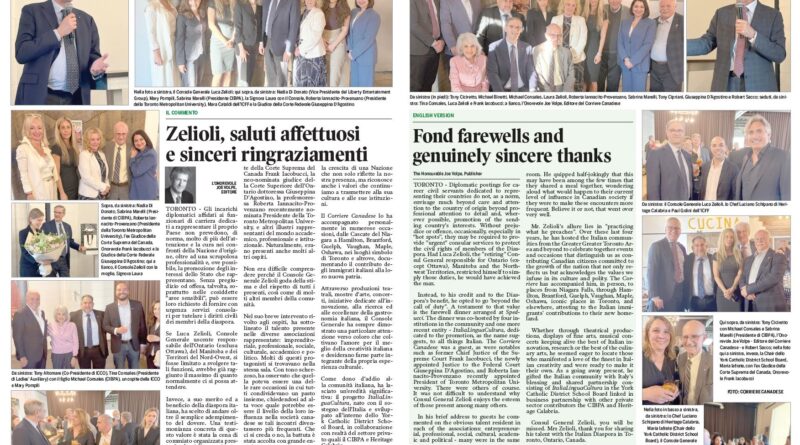 Two-page newspaper spread with multiple photos of people at a formal event, including speakers and group portraits.