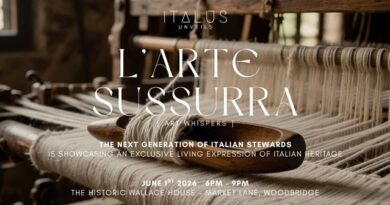 Promotional poster for 'L'ARTE SUSSURRA' weaving exhibit by Italus Unveils, featuring a loom and text about an Italian heritage event. May include date, venue, and description.