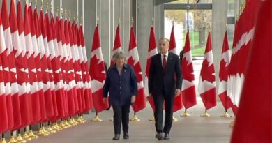 Two dignitaries walk together down a corridor lined with red-and-white Danish flags in a formal setting; officials on a ceremonial visit.