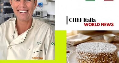 Portrait of Chef Simona Lauri in a white chef's uniform and hat, in a kitchen; collage includes a cake and CHEF Italia World News branding.