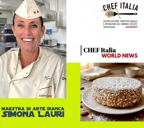 Portrait of Chef Simona Lauri in a white chef's uniform and hat, in a kitchen; collage includes a cake and CHEF Italia World News branding.