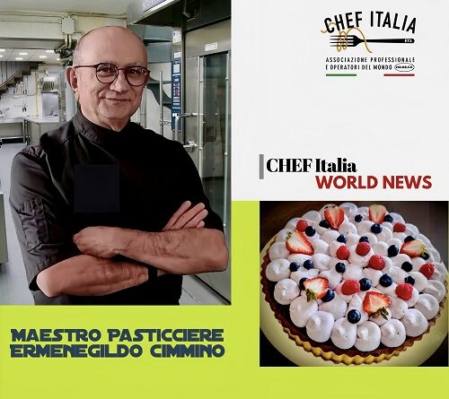 Portrait of Chef Ermenegildo Cimmino with arms crossed in a kitchen, yellow banner with his name, beside a berry-topped cake and Chef Italia World News branding.
