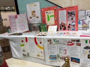 Colorful student posters arranged on a long table, showcasing Italian culture and food themes.