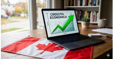Laptop showing a rising green arrow on a chart labeled 'CRESCITA ECONOMICA' on a Canadian flag, suggesting Canadian economic growth.