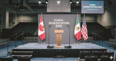 Stage set for CUSMA Renegotiation 2026 with a lectern, three national flags (Canada, Mexico, USA) and empty seats on the hall floor.