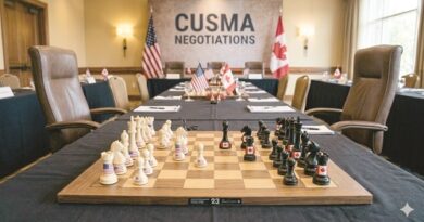 Chessboard set up on a conference table in a negotiation room, with US and Canadian flags and a 'CUSMA NEGOTIATIONS' banner in view.
