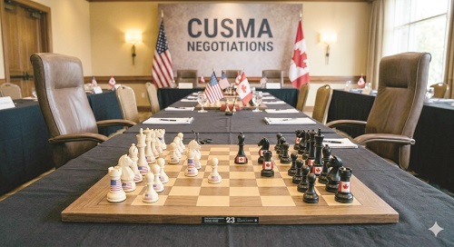 Chessboard set up on a conference table in a negotiation room, with US and Canadian flags and a 'CUSMA NEGOTIATIONS' banner in view.