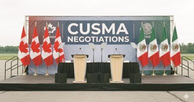 Empty stage with two podiums for a press event, a banner reads 'CUSMA NEGOTIATIONS' and is flanked by Canadian flags on the left and Mexican flags on the right, outdoors.
