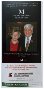 Poster honoring Danny Montesano and Madeleine Brazeau Montesano; photo with foundation logo and police tribute text in the background.