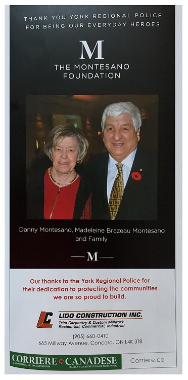 Poster honoring Danny Montesano and Madeleine Brazeau Montesano; photo with foundation logo and police tribute text in the background.