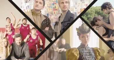 Collage of diverse people in different scenes: a group of friends, two men in a shop, a couple kissing outdoors, and a person in period costume.