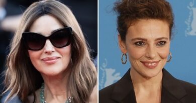 Split image of two women: left with oversized black sunglasses and turquoise necklace; right with hoop earrings and a black blazer, both smiling.