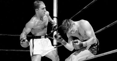 Two male boxers in a ring: the left boxer stands with gloves up while the right boxer leans against the ropes.