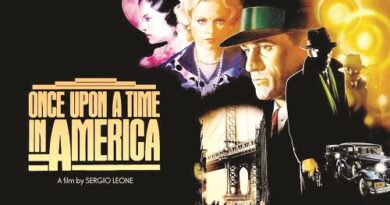 Promotional poster for the film Once Upon a Time in America, with vintage portraits and a cityscape collage.
