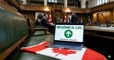 Laptop on a Canadian flag in a parliamentary chamber showing 'Inflazione al 2,8% – Tasso Attuale – Canada'
