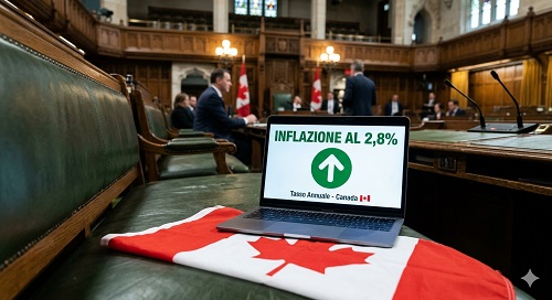 Laptop on a Canadian flag in a parliamentary chamber showing 'Inflazione al 2,8% – Tasso Attuale – Canada'