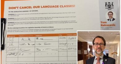 Two-panel image: on the left, an orange-bordered flyer titled “DON'T CANCEL OUR LANGUAGE CLASSES!” with small print text and a signature section; on the right, a man in a dark suit with a patterned tie and a purple ribbon, standing in a hallway, with a circular headshot and an Ontario emblem visible in the upper corner.