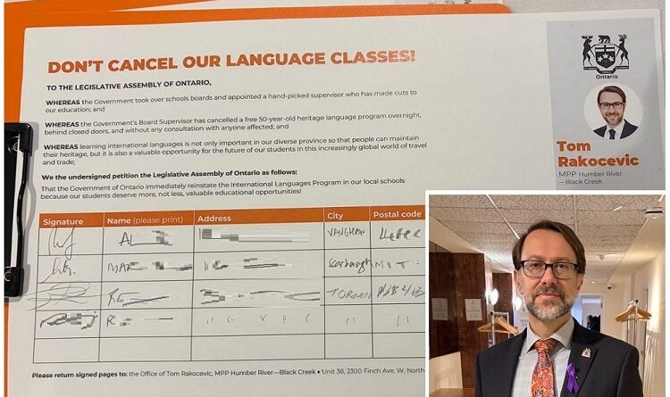 Two-panel image: on the left, an orange-bordered flyer titled “DON'T CANCEL OUR LANGUAGE CLASSES!” with small print text and a signature section; on the right, a man in a dark suit with a patterned tie and a purple ribbon, standing in a hallway, with a circular headshot and an Ontario emblem visible in the upper corner.