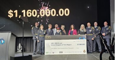 Ceremony on stage presenting a large check for $1,160,000 to Crime Stoppers of York Region, with uniformed officers and officials surrounding the offset check.