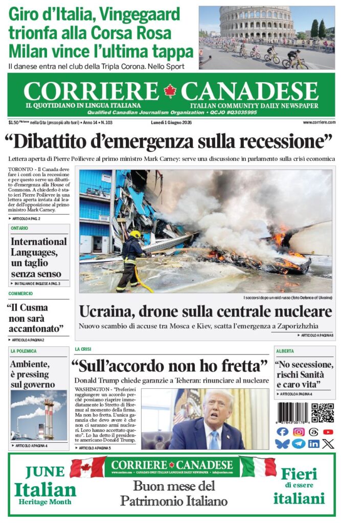 Front page of Corriere Canadese newspaper with a green masthead and bold Italian headlines, featuring a large photo of a burning wreck and firefighters amid smoke.