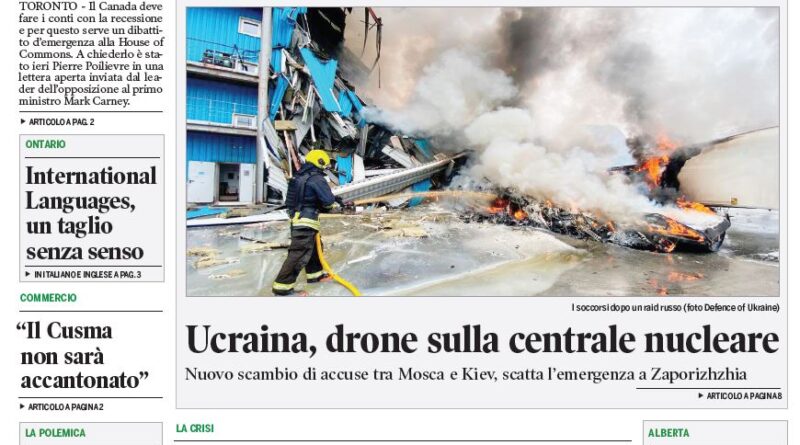 Front page of Corriere Canadese newspaper with a green masthead and bold Italian headlines, featuring a large photo of a burning wreck and firefighters amid smoke.
