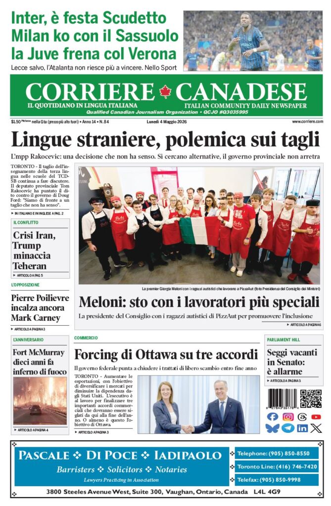 Front page of Corriere Canadese; headline about language cuts; photo of Giorgia Meloni with autistic workers in PizzaAut.