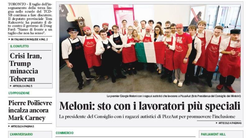 Front page of Corriere Canadese; headline about language cuts; photo of Giorgia Meloni with autistic workers in PizzaAut.