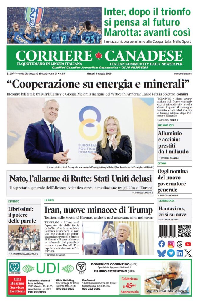 Front page of Corriere Canadese; photo of Mark Carney and Giorgia Meloni at a joint energy and minerals cooperation event.