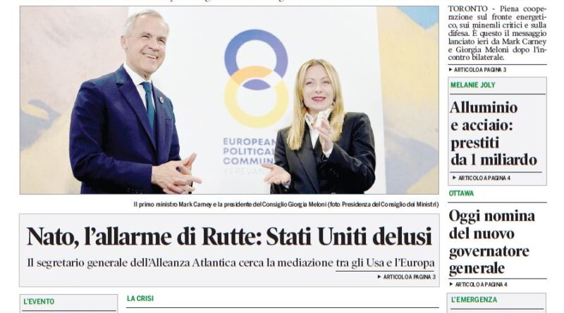 Front page of Corriere Canadese; photo of Mark Carney and Giorgia Meloni at a joint energy and minerals cooperation event.