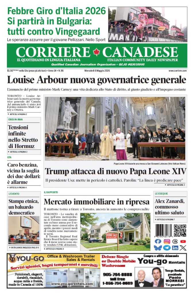 Front page of Corriere Canadese newspaper, main headline: Louise Arbour nuova governatrice generale with a ceremony photo; other stories include Trump attacca di nuovo Papa Leone XIV and Mercato immobiliare in ripresa.