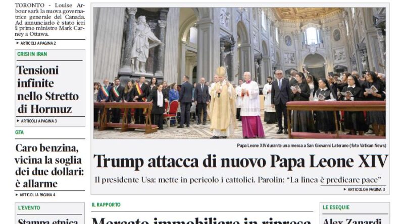 Front page of Corriere Canadese newspaper, main headline: Louise Arbour nuova governatrice generale with a ceremony photo; other stories include Trump attacca di nuovo Papa Leone XIV and Mercato immobiliare in ripresa.