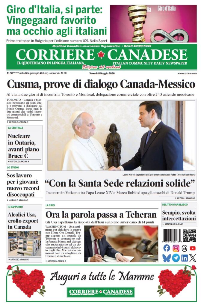 Front page of Corriere Canadese featuring Pope Francis shaking hands with Marco Rubio in the Vatican; main headline about solid relations.