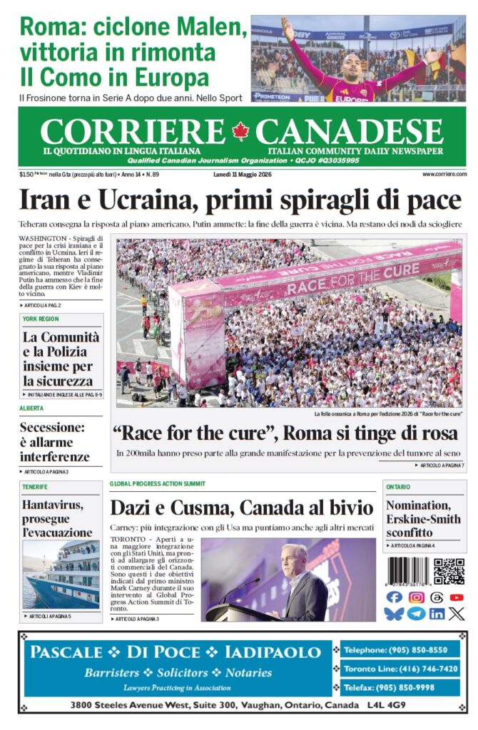 Front page of a bilingual newspaper 'Corriere Canadese' with large Italian headline about Iran and Ukraine seeking peace and a crowd photo labeled 'Race for the Cure' in Rome.