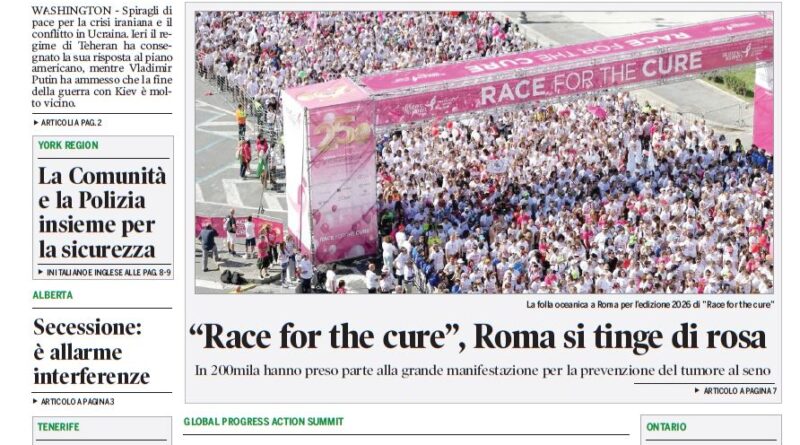 Front page of a bilingual newspaper 'Corriere Canadese' with large Italian headline about Iran and Ukraine seeking peace and a crowd photo labeled 'Race for the Cure' in Rome.