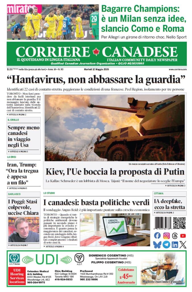 Front page of Corriere Canadese with green masthead; main headline reads 'Hantavirus, non abbassare la guardia' and a photo of an armored vehicle in a field.
