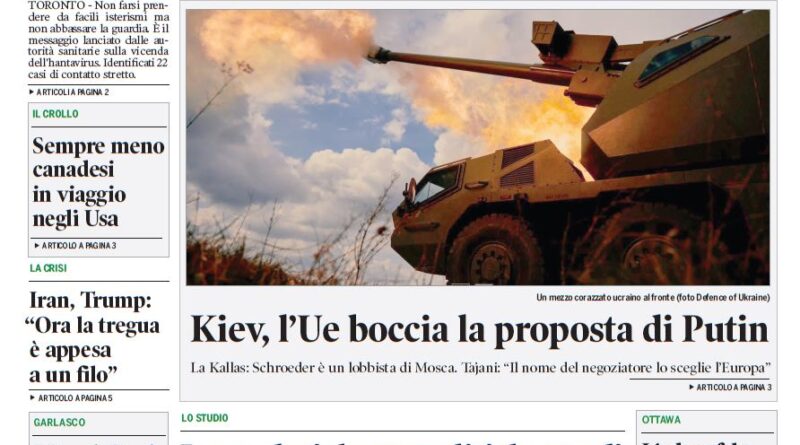 Front page of Corriere Canadese with green masthead; main headline reads 'Hantavirus, non abbassare la guardia' and a photo of an armored vehicle in a field.