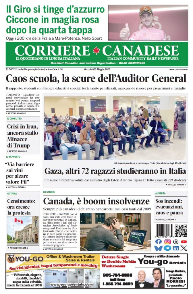 Front page of Corriere Canadese; bold green masthead, main headline about school chaos, and a large photo of students seated in a waiting area.