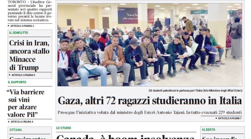 Front page of Corriere Canadese; bold green masthead, main headline about school chaos, and a large photo of students seated in a waiting area.