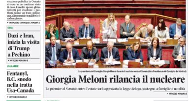 Front page of Corriere Canadese featuring a green masthead, main headline about school funding, and a photo of a crowded senate session.
